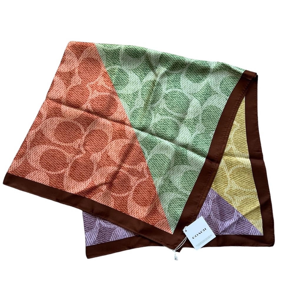 Coach NEW Scarf Multicolor Patchwork Signature 100% Silk Green Red Purple Yellow